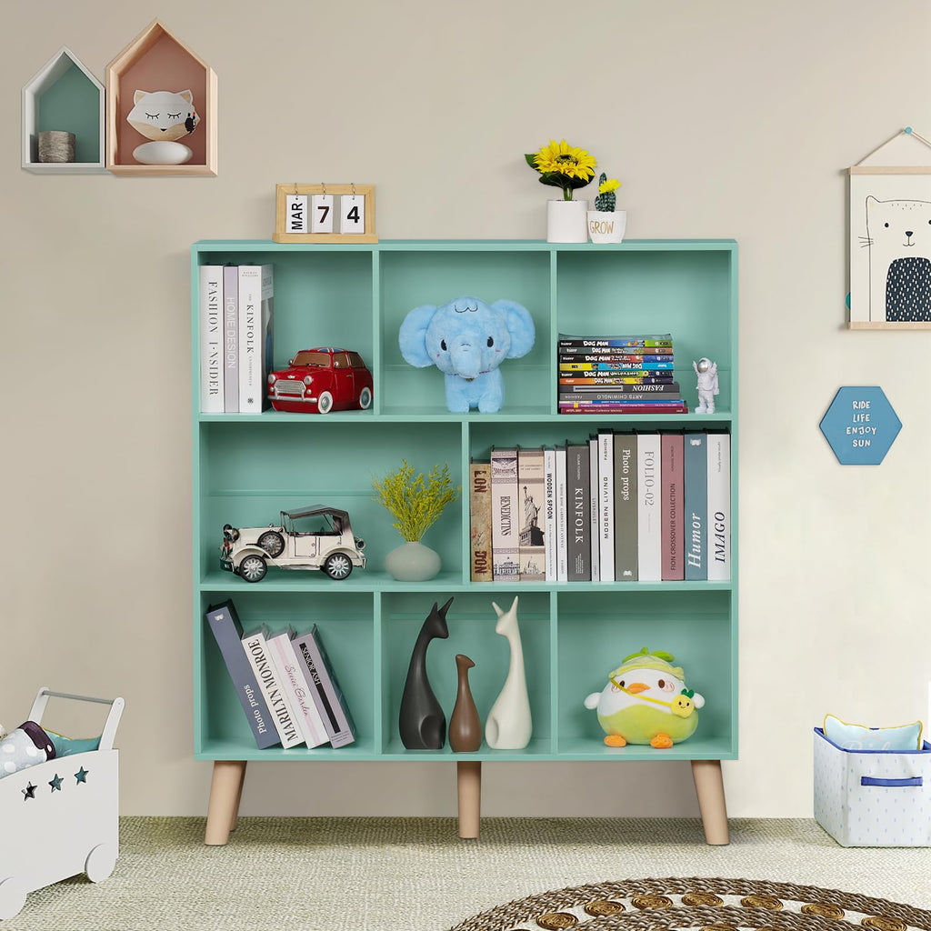 8 Cube Bookshelf, Mid-Century Modern Book Shelf with Legs, Green
