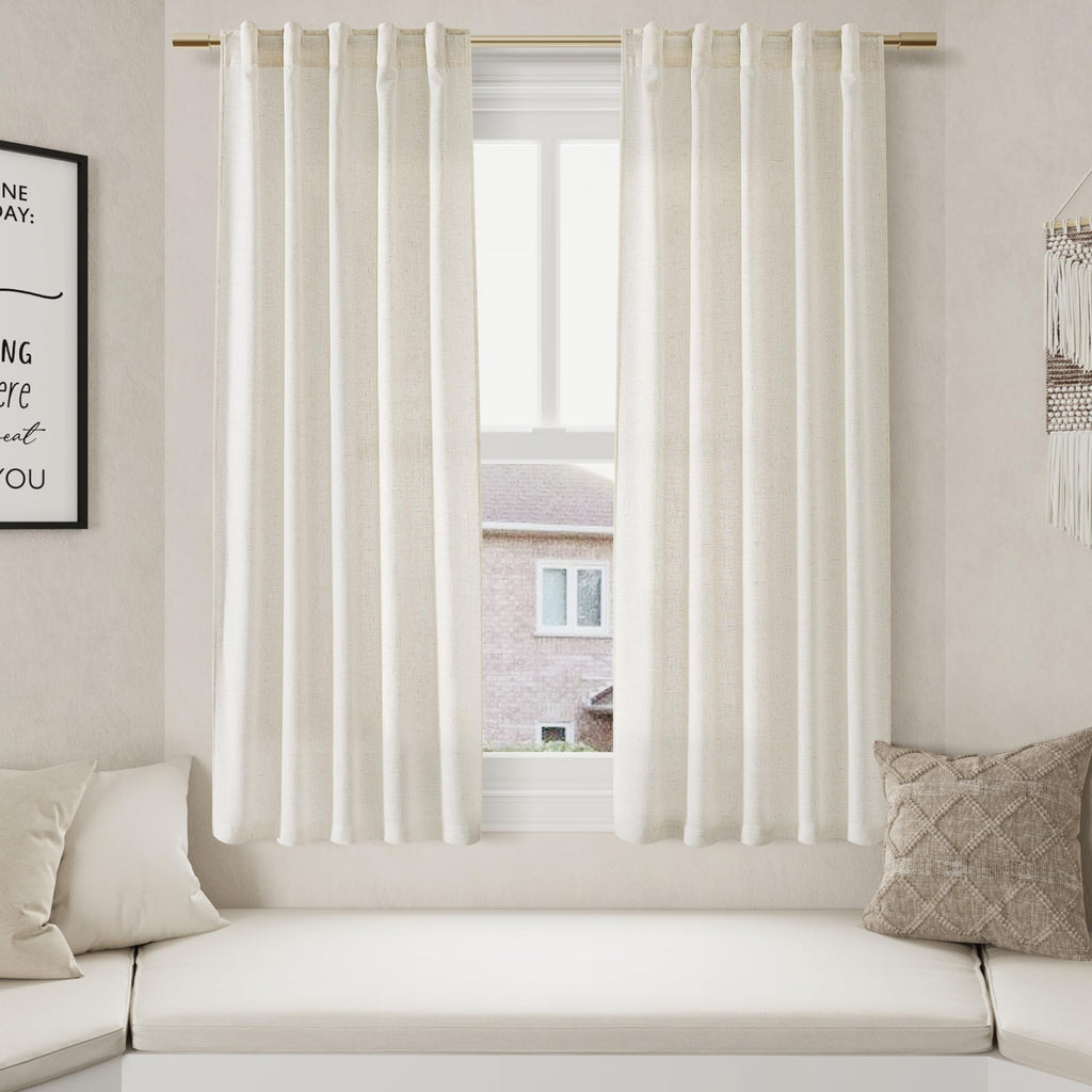 Linen Curtains 63 Inch Length 2 Panels Set for Cafe Kitchen Cream Thermal Insulated Drapes with Back Tab Light