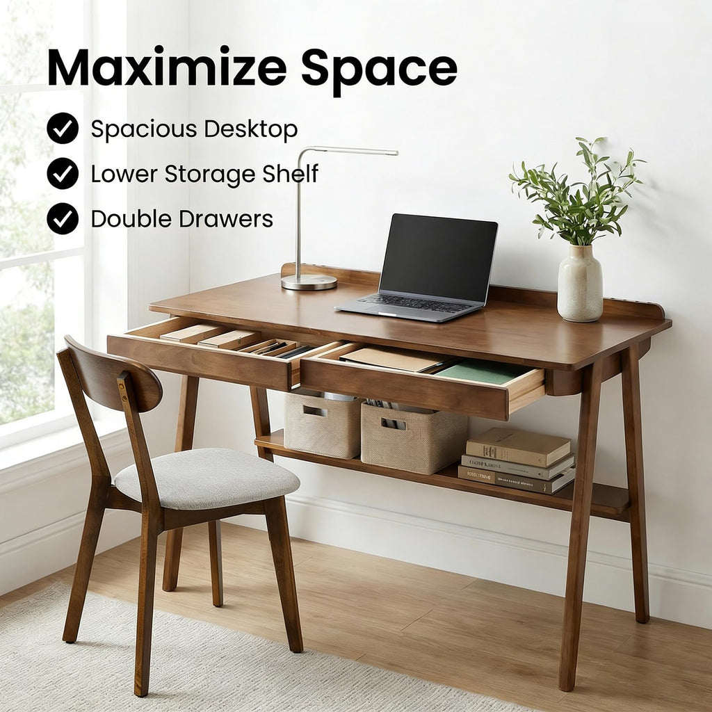 47'' Mid Century Modern Solid Wood Small Office Desk with Storage Drawers