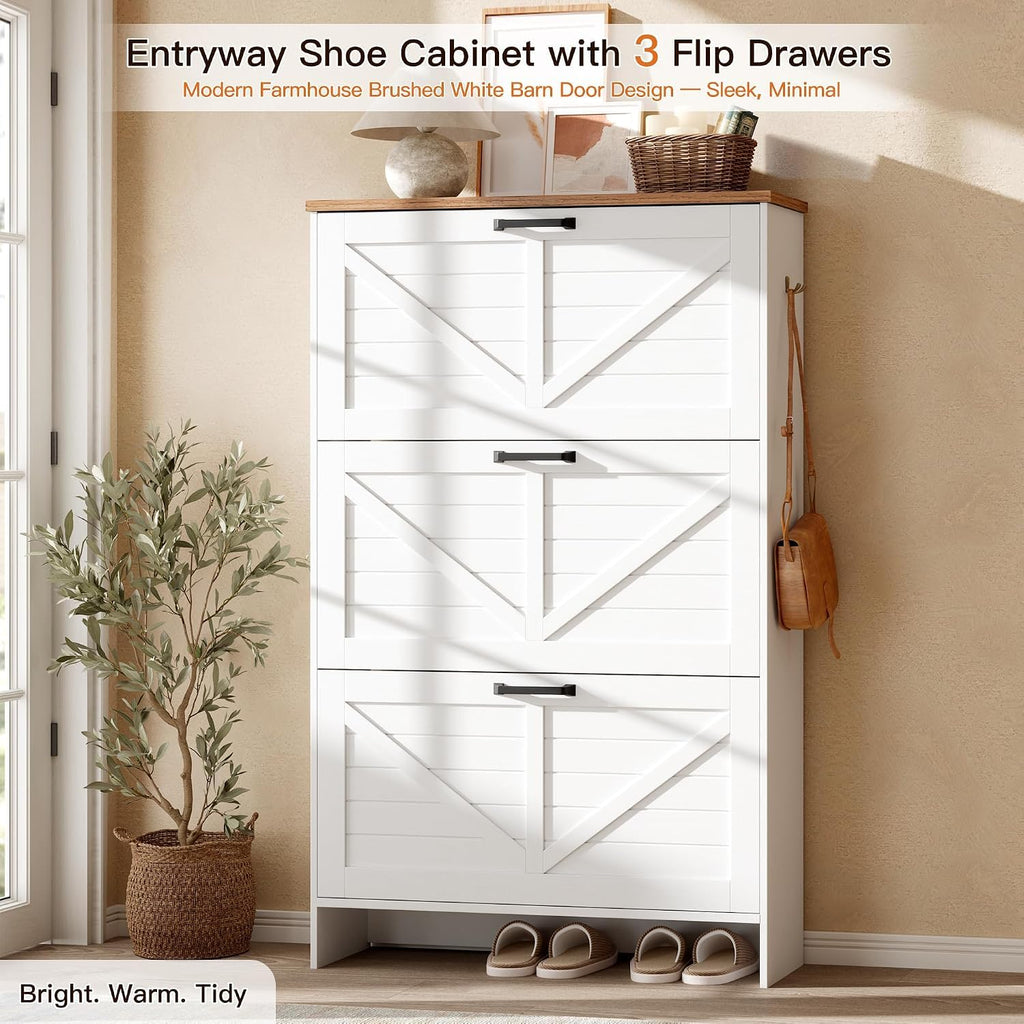 Shoe Cabinet, 3 Flip Drawers & Adjustable Shelves, Ultra Slim Freestanding (9.1" Deep), Holds 30 Pairs, Narrow Shoe