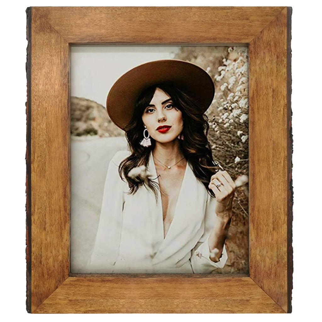 8x10 Picture Frames with Bark Edges, Rustic Wood Photo Frame for Tabletop or Wall Display, Natural Brown.