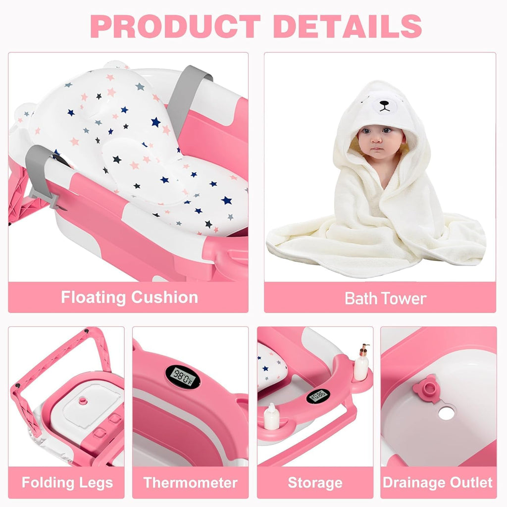 Collapsible Baby Bathtub for Newborn with Thermometer & 1 Hooded Towel & 1 Soft Floating Cushion,Portable Travel
