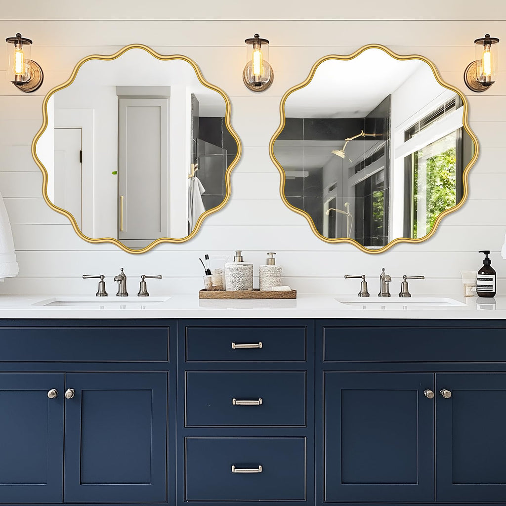 Gold Wavy Round Wall Mirror 36 Inch, Bathroom Decor