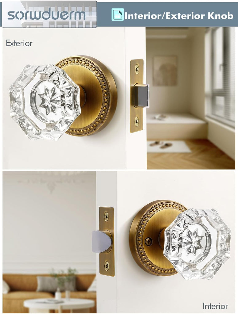 Door Knob Antique Brass Passage Crystal Glass Interior 4 Pack