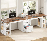 Farmhouse 96.5" Computer Desk with Drawers, 2 Person Home Office Desk, Gaming Double Desk with Storage Shelves