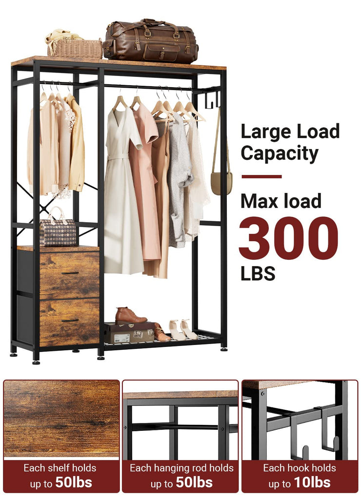 Clothes Rack with 2 Rods, Shelves, Drawers & Hooks, Garment Rack