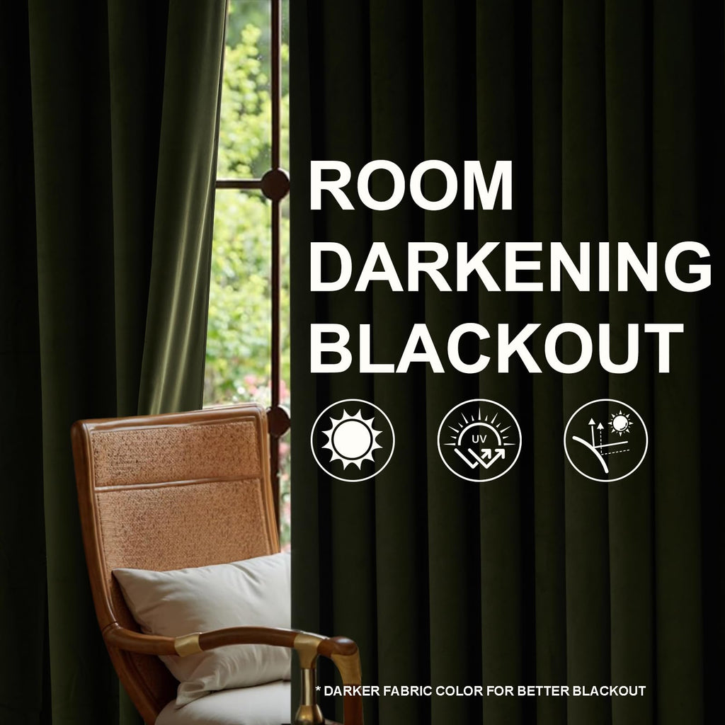 Olive Green Velvet Blackout Curtains 84 Inches 2 Panels Forest Green Elegant Vintage Pinch Pleated Drapes Bedroom