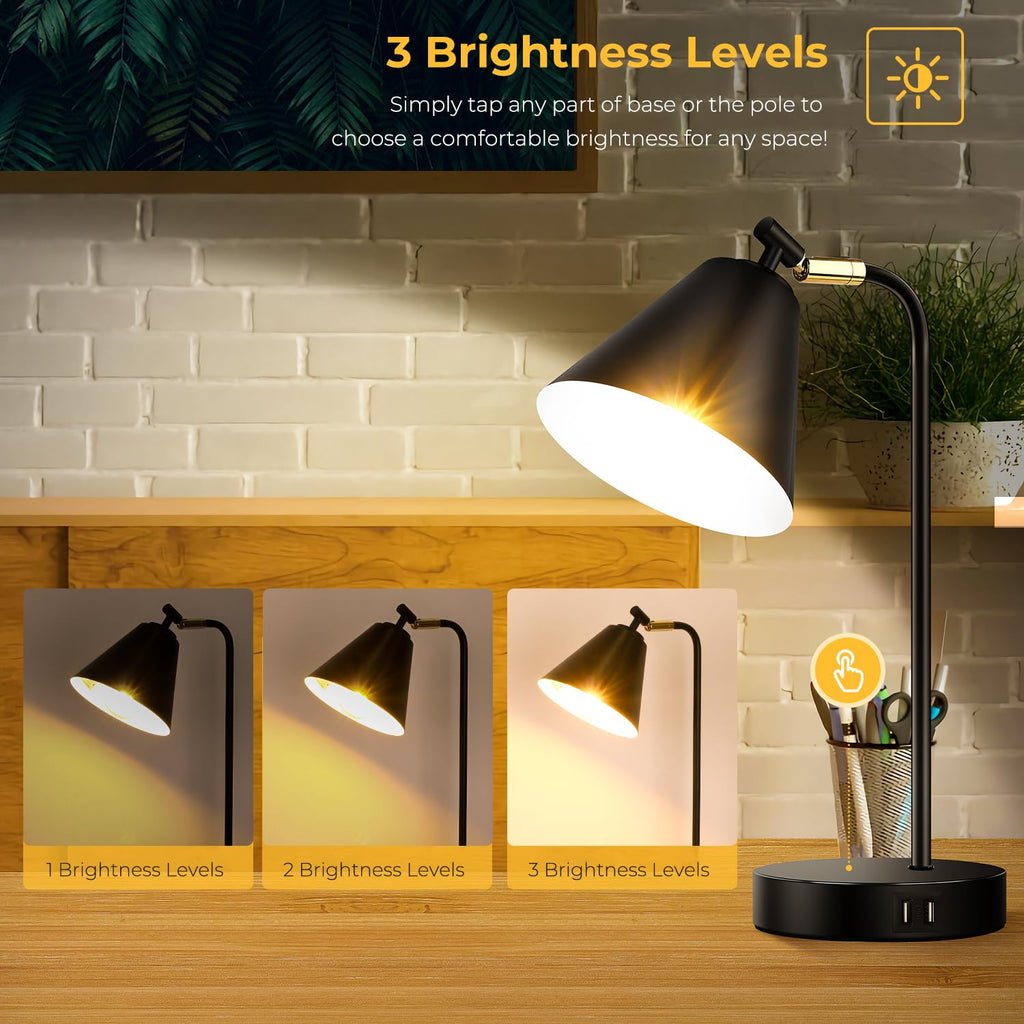 Industrial Dimmable Desk Lamp with 2 USB Charging Ports AC Outlet, Touch Control Bedside Nightstand Reading Lamp