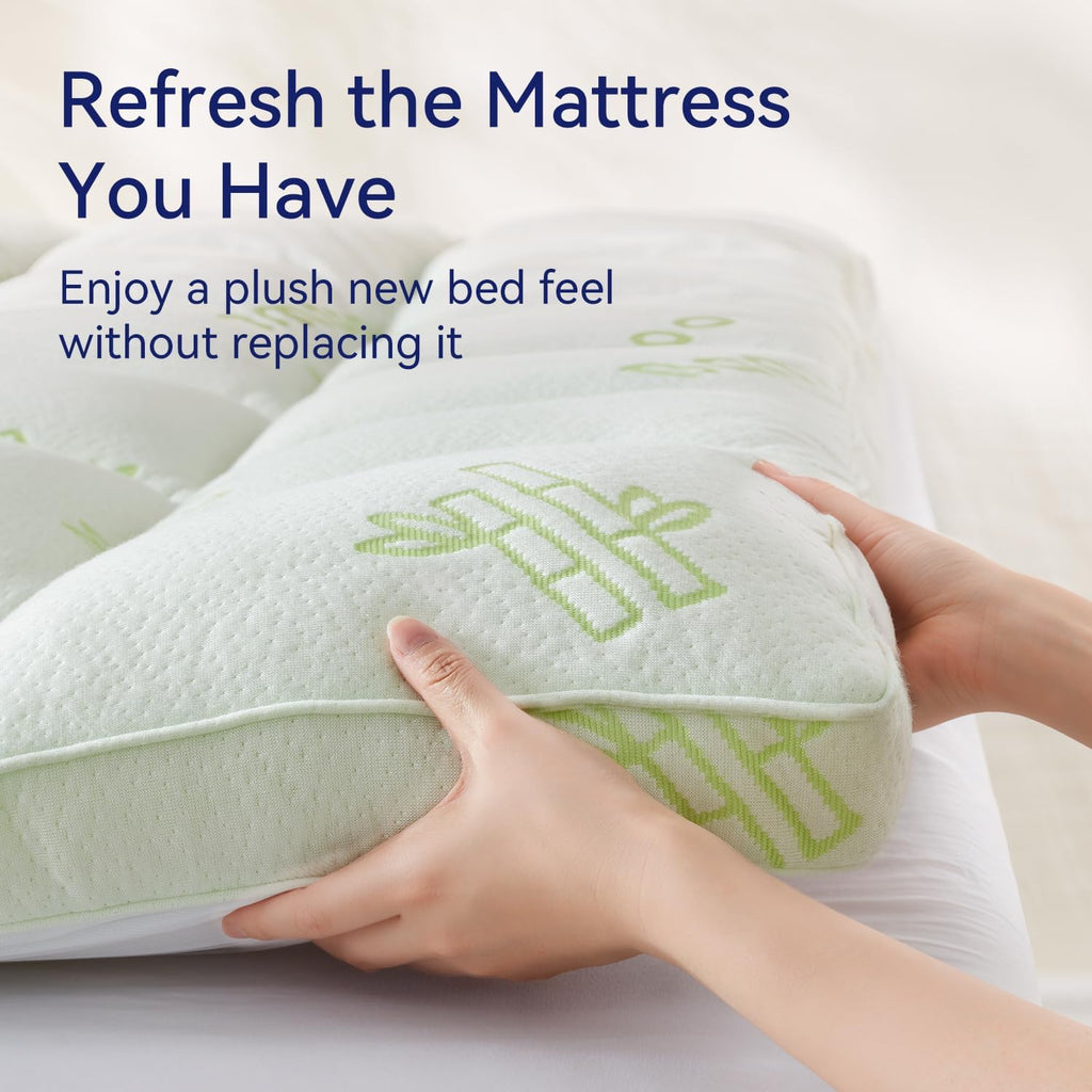 Queen Size Bamboo Viscose Mattress Topper, Thick Pillow Top Pad | Soft plush fabric with extra filling deliver cool