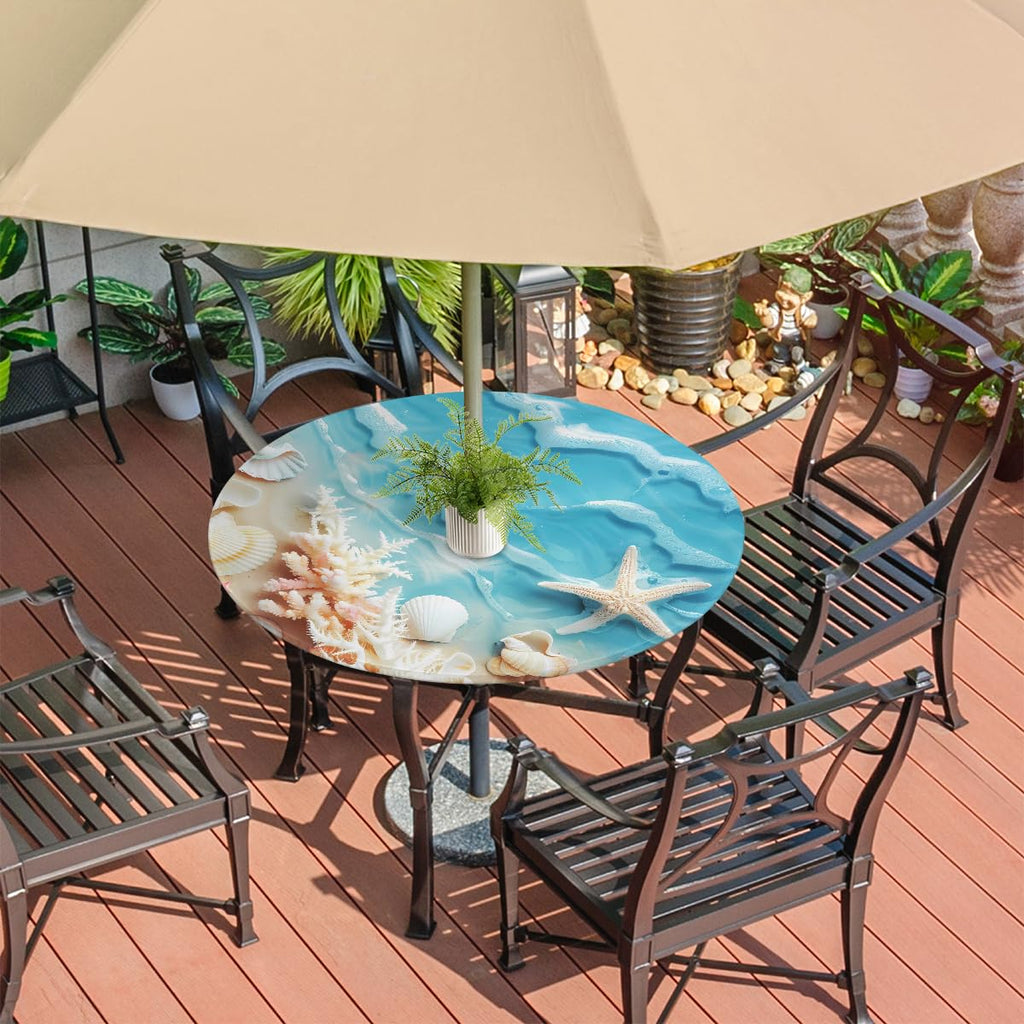 Costal Beach Sea Ocean Round Outdoor Tablecloth with Umbrella Hole 45-56 inch Patio Table Cover Hidden Zipper