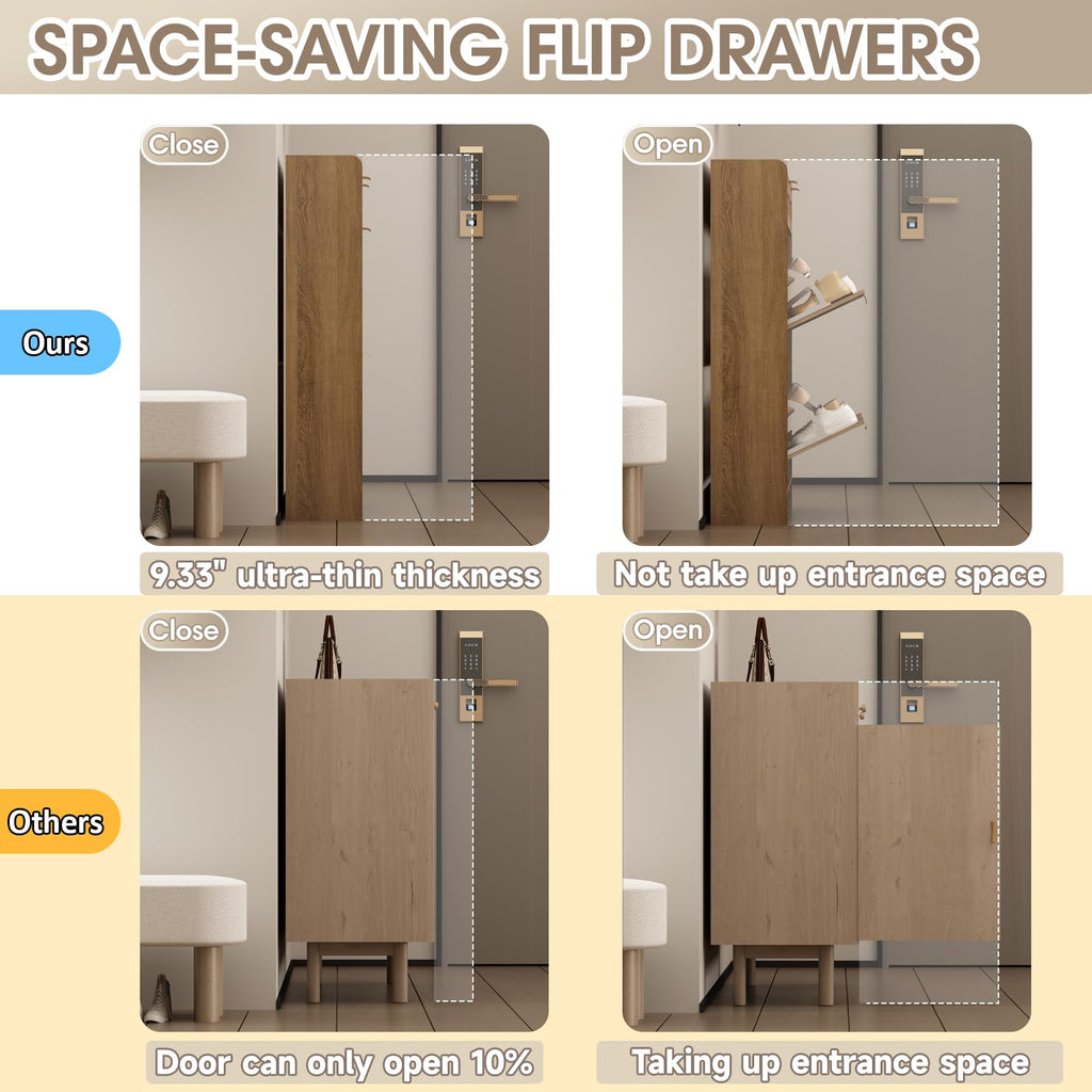 Rattan Shoe Storage Cabinet with 4 Flip Drawers & 2 Drawers, Freestanding Organizer for Front Door Entrance, Hidden