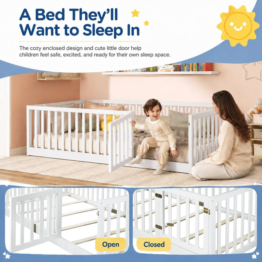 Montessori Floor Bed with High Safety Fence, Solid Rubber Wood Kids Floor Bed Frame with Guardrails and 6