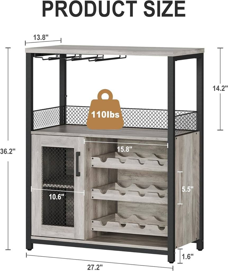 Industrial Wine Bar Cabinet - Adjustable Wine Rack, Glass Holders, Compact Sideboard , Removable 3-Tier Storage