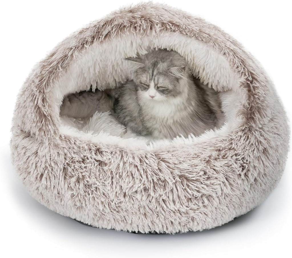 Plush Hooded Cat Bed, Calming Nest, Self-Warming Cave, Cozy Pod for Indoor Cats or Small Dogs