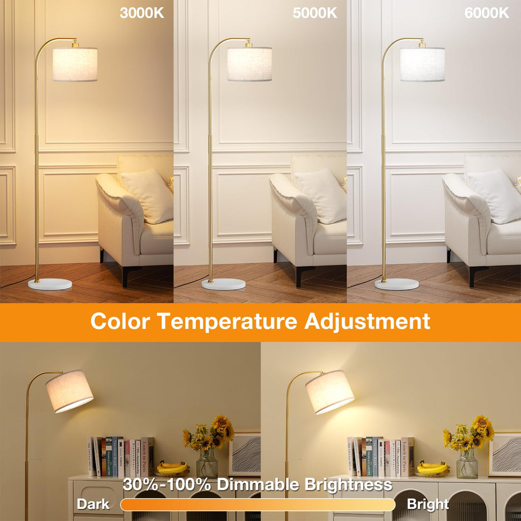 Arc Floor Lamp with Remote and Stepless Dimmable Bulb, Colors Temperature & Brightness Adjustable, Gold Pole & Marble