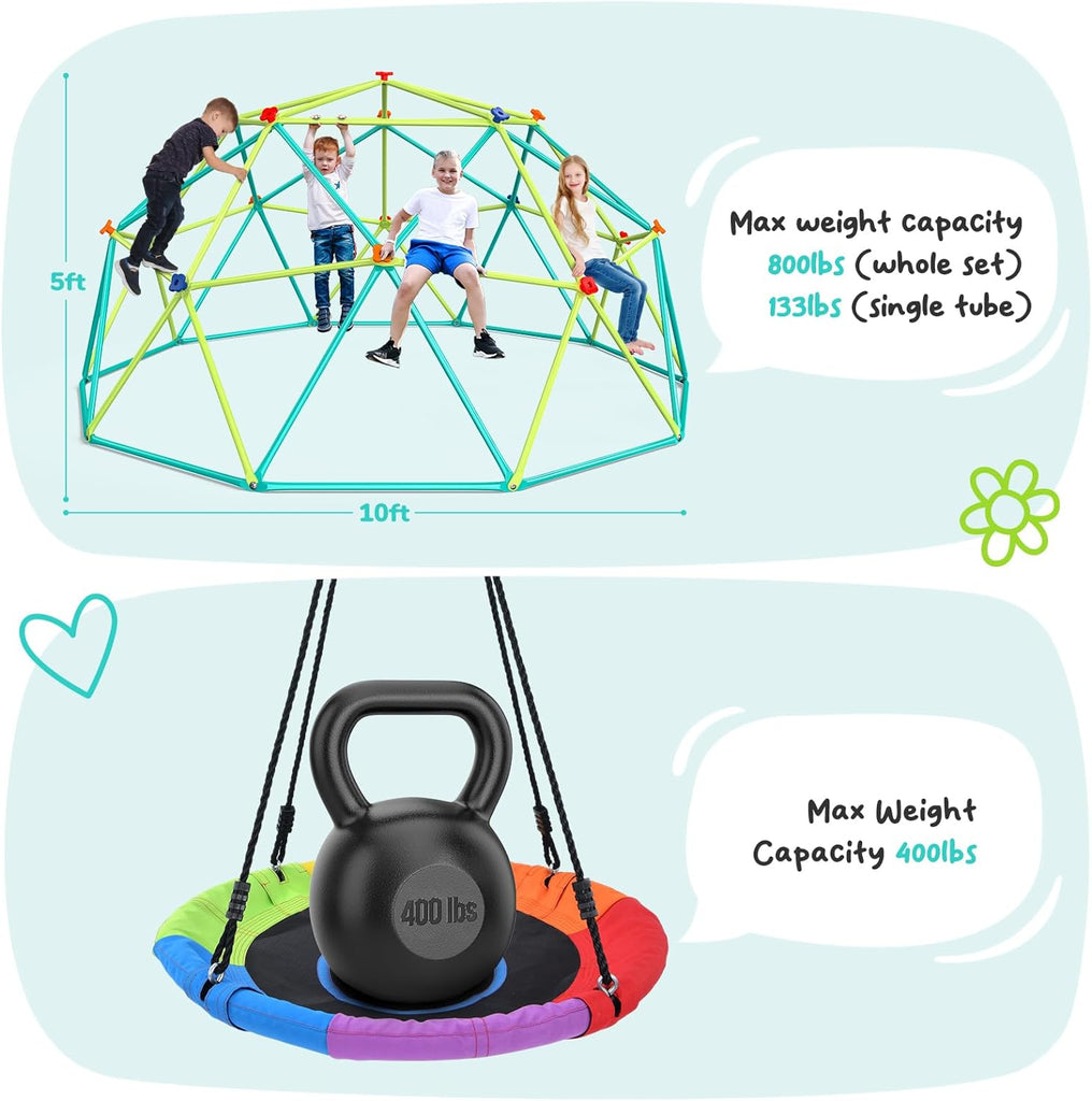 10 ft Climbing Dome Swing Set with Saucer Swing for Kids 3-12 | Jungle Gym for Kids Outdoor Backyard, Supports