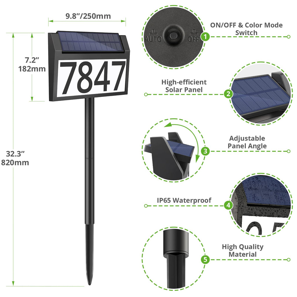Solar Address Sign Lighted House Numbers for Yard, 3-light Modes