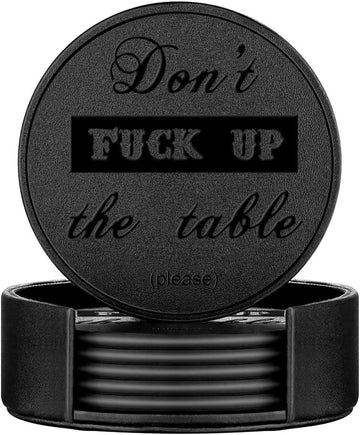 Funny Coasters, Leather Coasters with Holder, Perfect Housewarming Hostess Gifts, Protect Furniture from Water - Set of 6