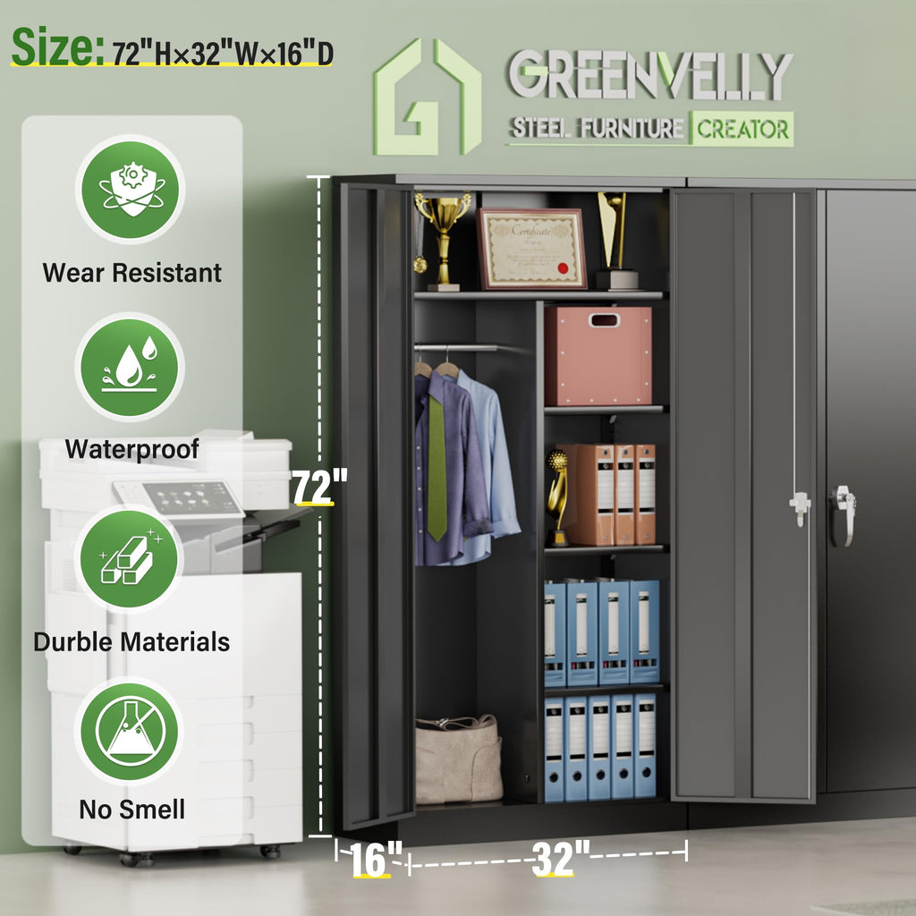Metal Wardrobe Closet with Doors and Shelves, 72" Black Armoire Wardrobe Closet for Hanging Clothes, School