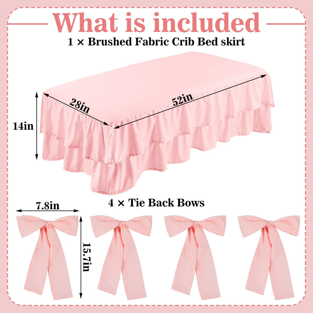 Pink Crib Bed Skirts with 4 Large Cot Bow 28" x 52", 14" Drop
