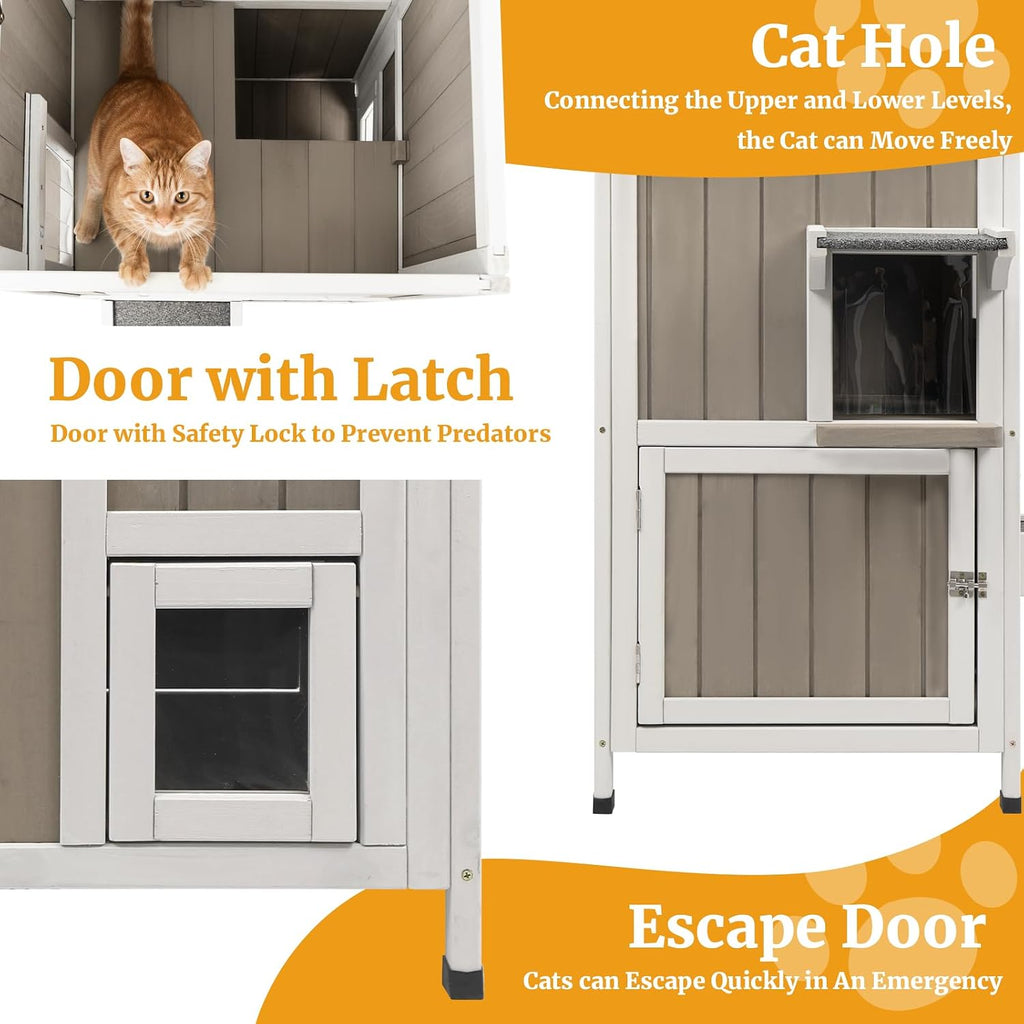 2-Story Outdoor Cat House, Weatherproof Wooden Feral Cat Shelter with Openable Roof, PVC Curtains, Transparent