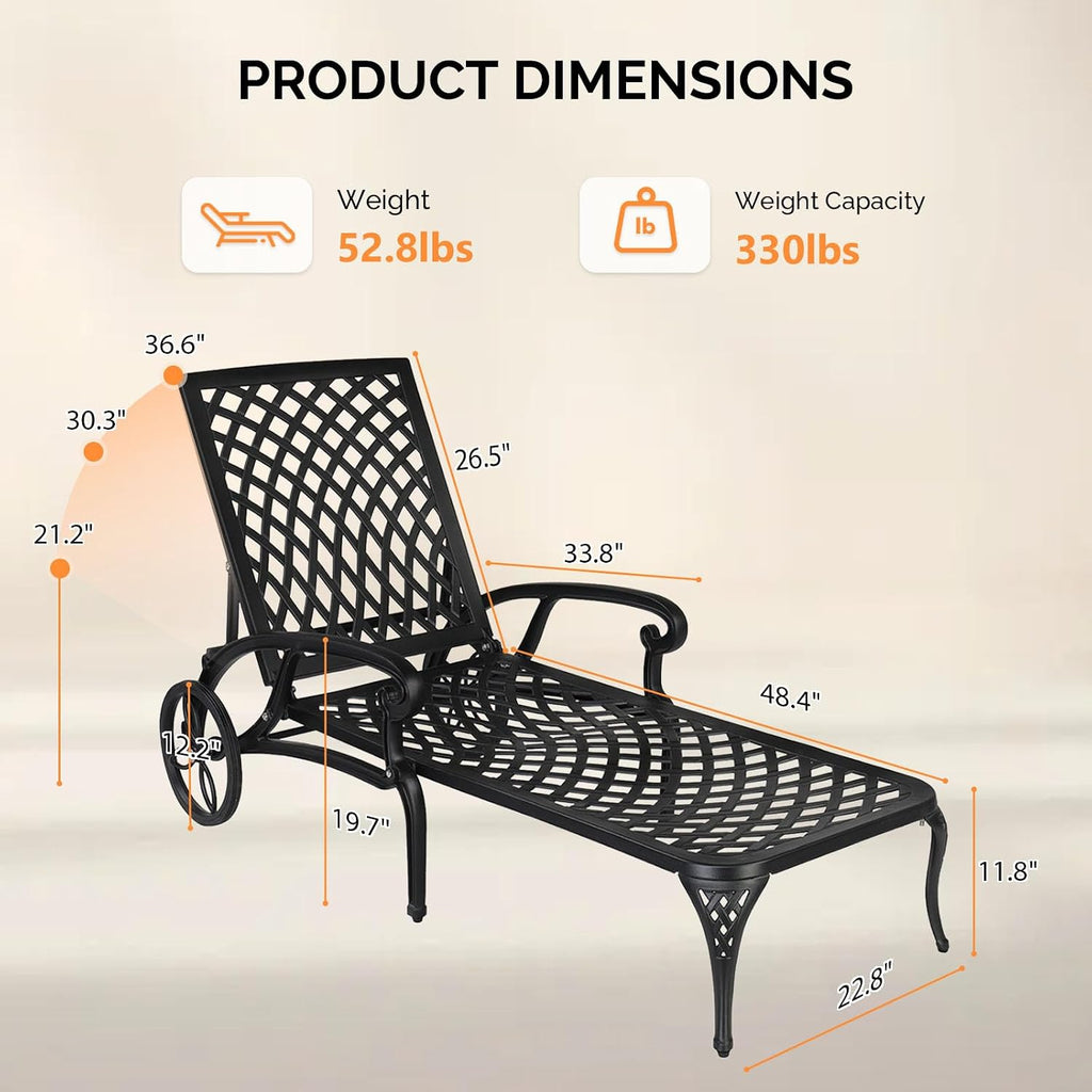 Cast Aluminum Outdoor Chaise Lounge Chair with Wheels, Patio Chaise Lounges with 3-Position Adjustable Backrest, Pool
