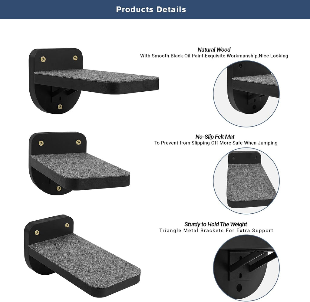 Set of 3 Black Cat Wall Climbing Steps, Wall Mount Floating Shelves