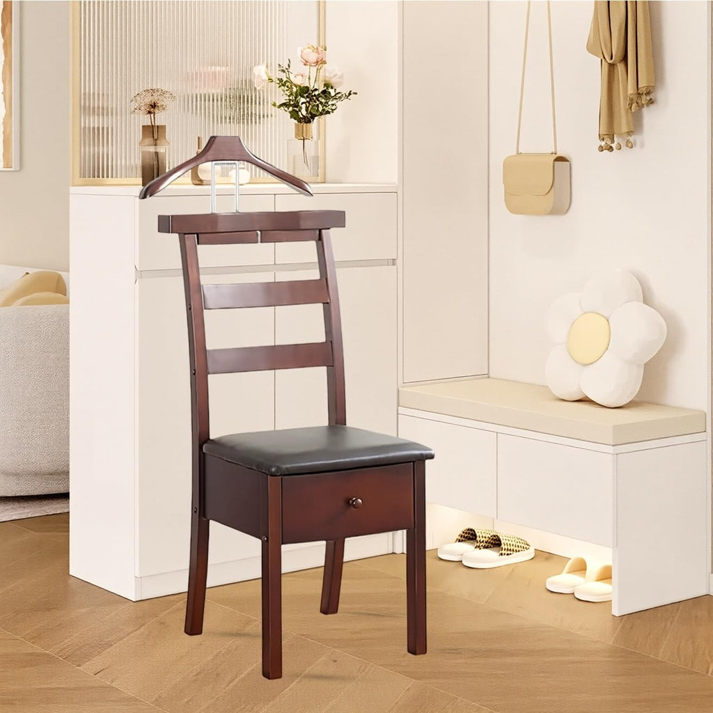 Wood Chair Valet Stand With Hanger Trouser Bar, Top Storage Tray Wardrobe, Clothing Rack Chair Valet With Cushion