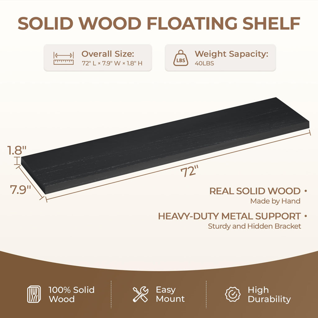 72 inch Long Floating Shelves for Wall, Solid Wood Long Wall Shelves Set of 1, Black Wooden Mounted Shelf, Bookshelf