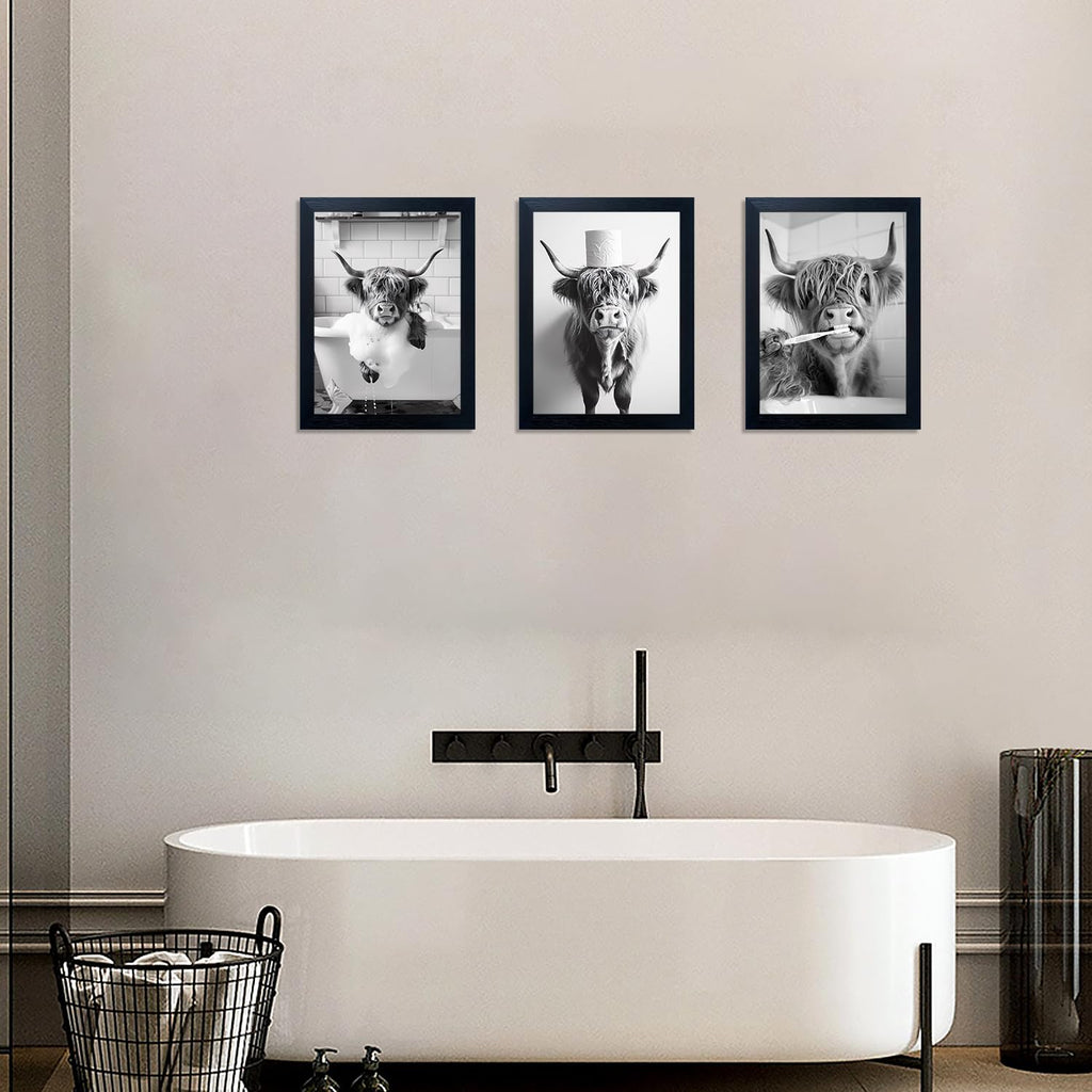 Highland Cow Wall Art Framed Bathroom Wall Decor Black and White Highland Cow Picture Funny Animal Art Cute Print