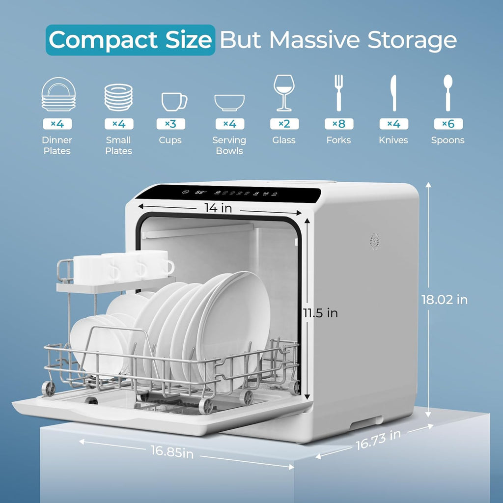 Countertop Dishwasher Portable with 6 Programs, 5L Built-in Water Tank for Apartments & RV, 167℉ High-Temp