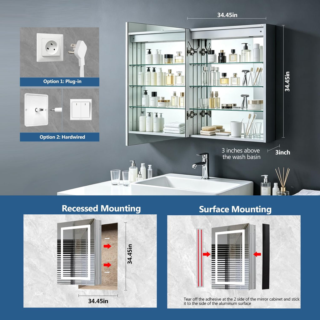 24 x 30 Inch LED Lighted Bathroom Medicine Cabinet with Mirror, 3 Stepless Adjustable Shelves, Recessed