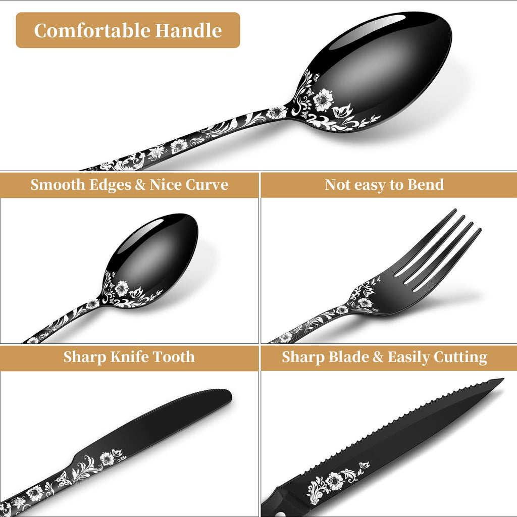24-Piece Black Silverware Set with Steak Knife, Black Flatware Sets for 4, Stainless Steel Cutlery Set Includes Forks