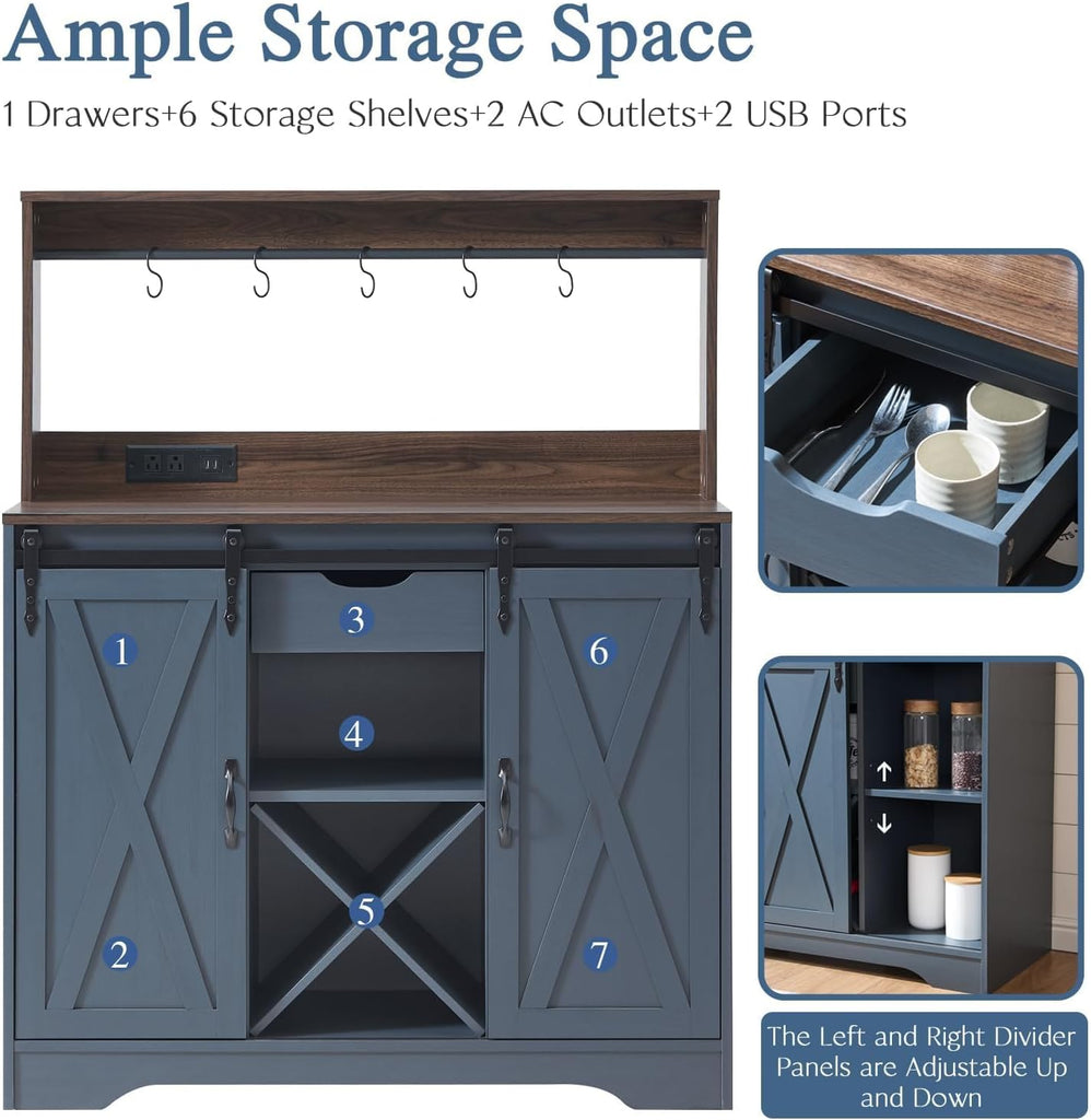 Farmhouse Coffee Bar Cabinet with Charging Station and USB, Blue | 39" Kitchen Hutch Sideboard Buffet with Sliding