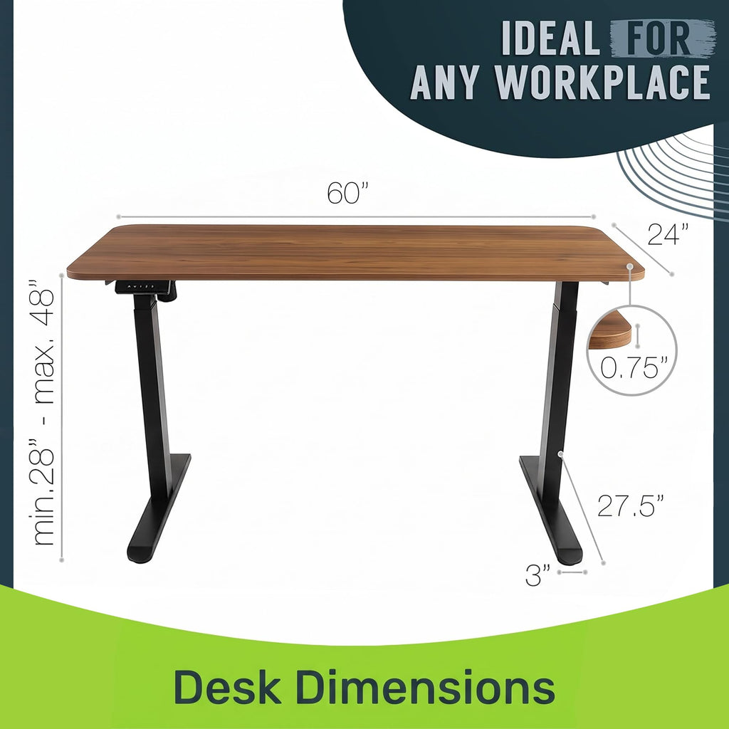 Electric Standing Desk Frame 60 x 24 Inch Tabletop - Motorized Workstation Two Leg Stand Up Desk with Memory Settings