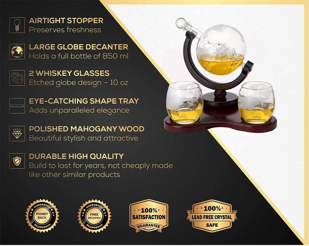 Whiskey Globe Decanter Set with 2 Glasses in Gift Box - Whiskey decanter for Liquor, Whiskey, Brandy, Gin, Rum