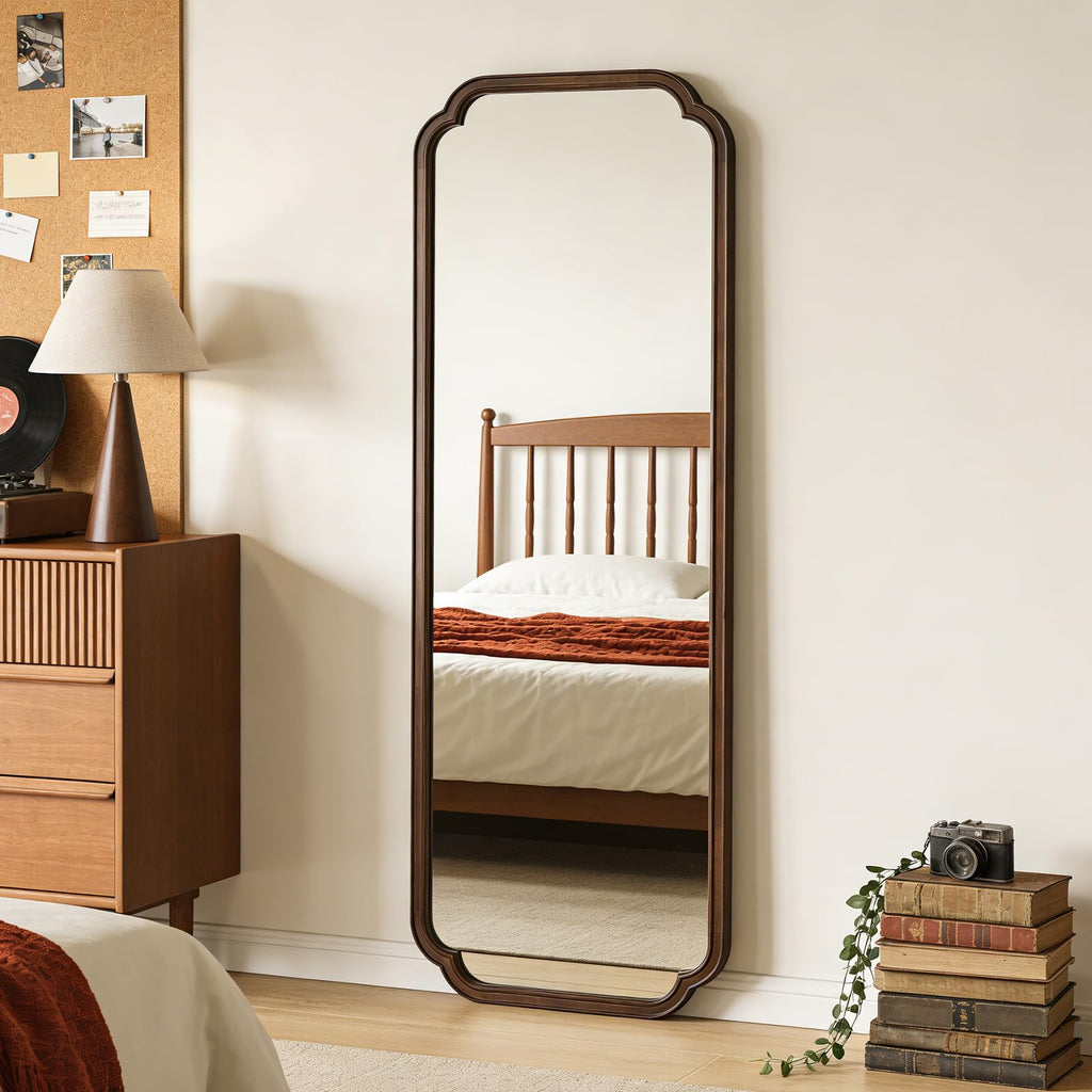 Full Length Mirror Wall Mounted, Rustic Wooden Frame Floor Mirror, Rounded Corner Large Full Body Mirror, Dressing