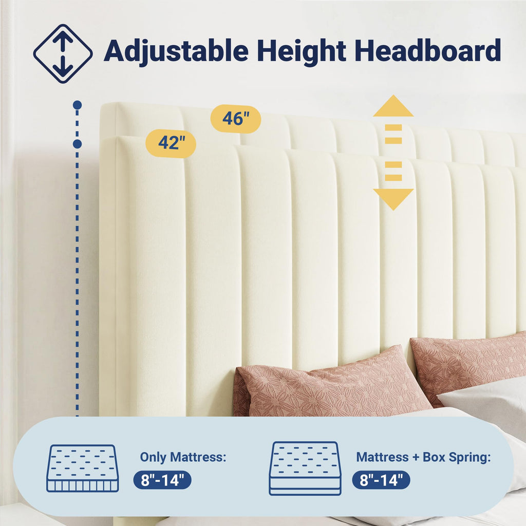 Full Size Storage Bed Frame, Vertical Channel Tufted Adjustable Headboard, Velvet Upholstered Platform Bed with 4
