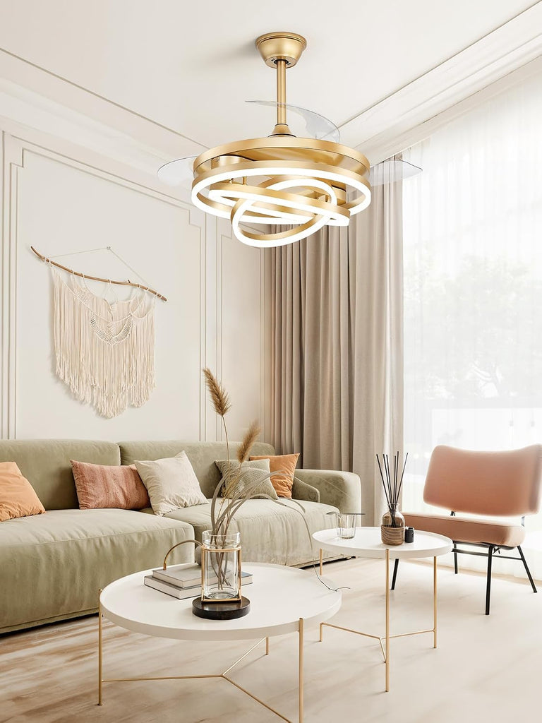 42 Inch Retractable Ceiling Fan with Lights, Modern Gold Fandelier