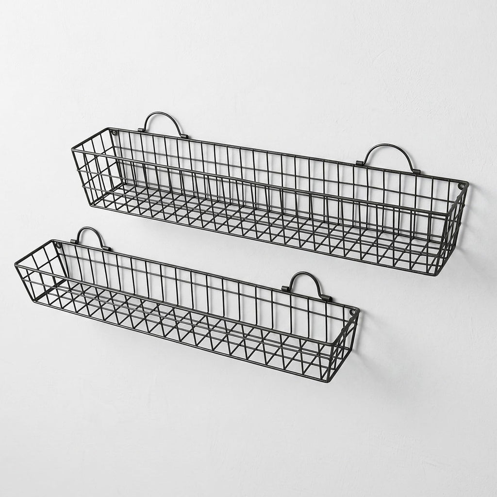 2pcs 30-Inch Wire Baskets for Storage and Organization, Rustic Black Wall Mounted Metal Display Racks