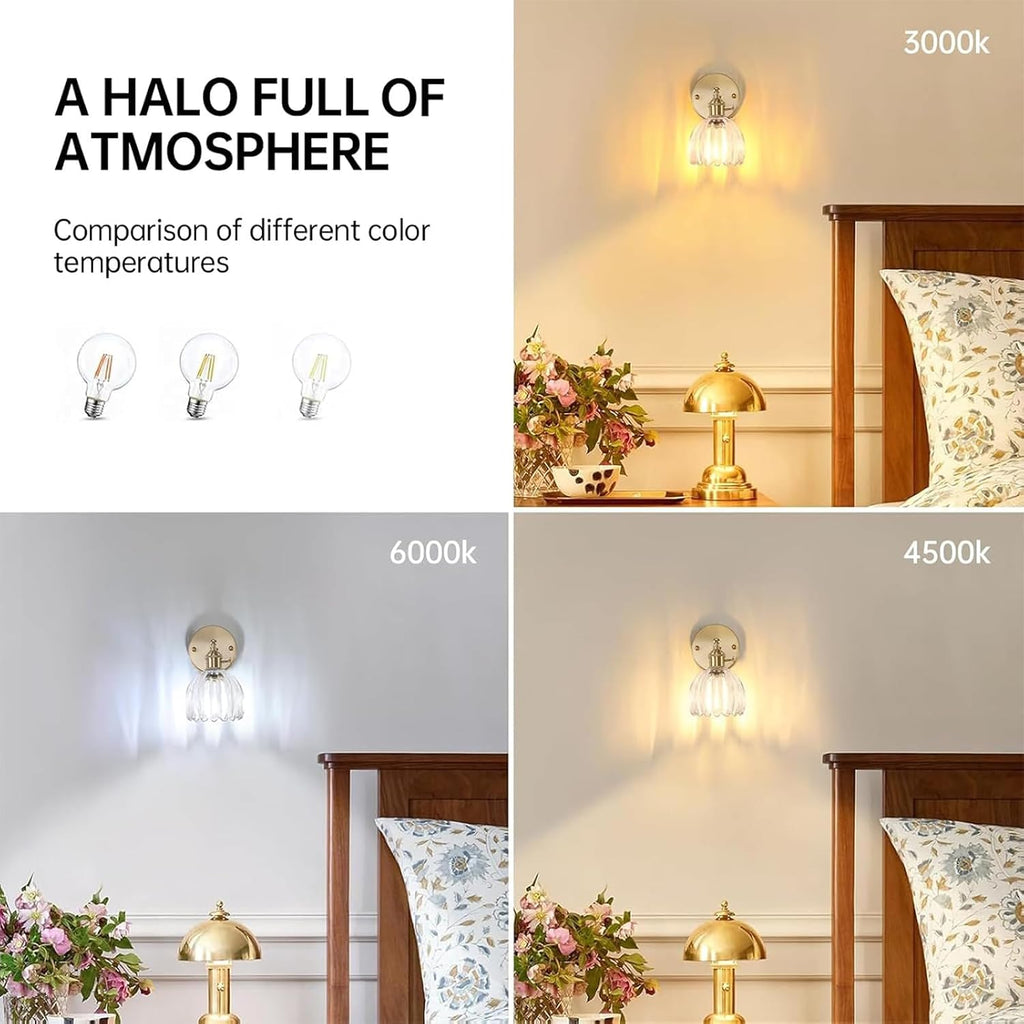 Vintage Wall Sconces Set of 2 with Transparent Tulip Glass Lampshade 180 Degree Adjustable Brass Sconces Hradwired