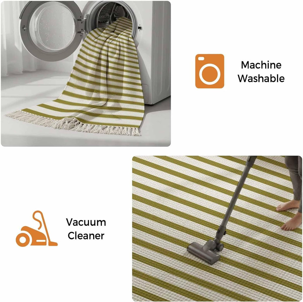 Minimalist Yellow Mustard Striped Runner Rug with Tassel Modern Art Vertical Line Print Entryway Rugs Washable