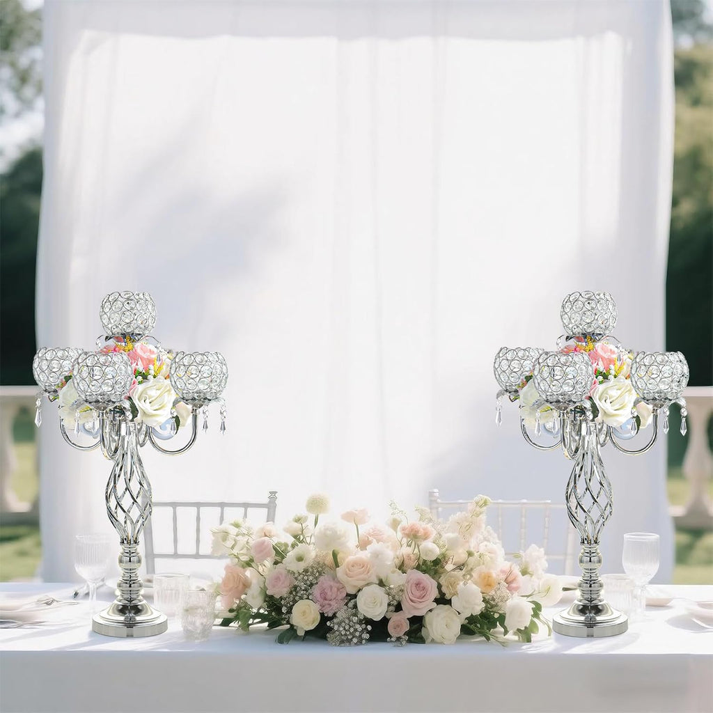 5-Arm Crystal Candelabra Centerpiece 23.2" Tall - Elegant Candle Holder Stand with Crystal Bowl, Chic Table Decor for