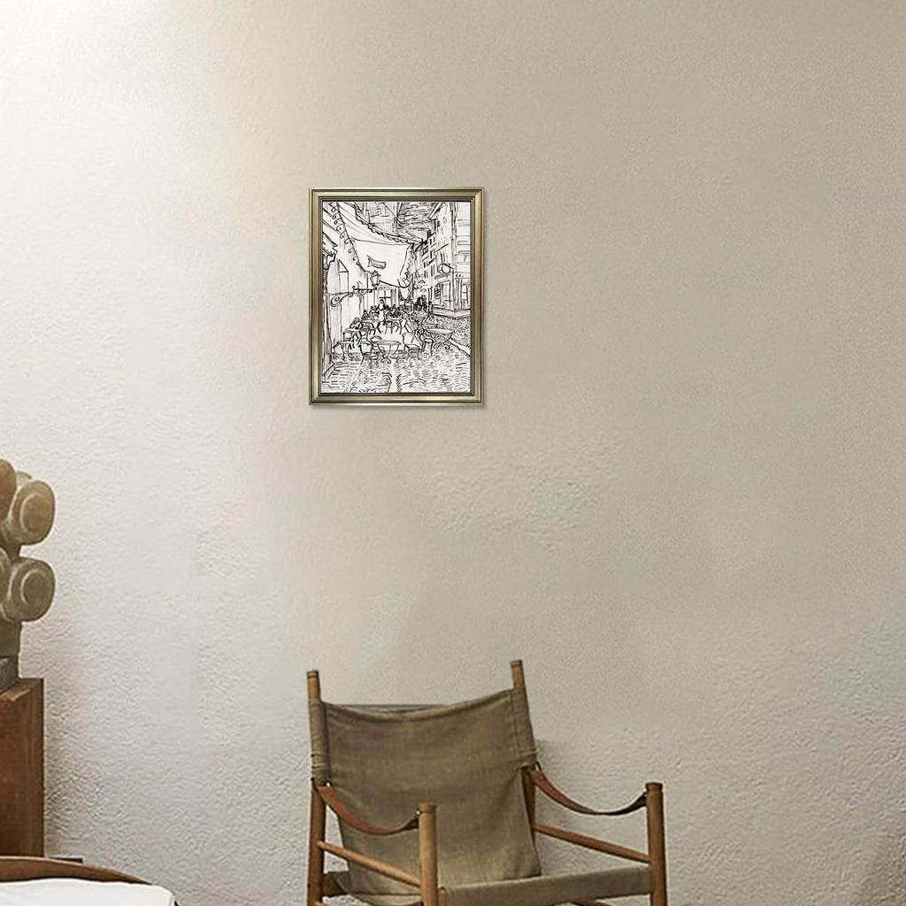 Vintage Framed Van Gogh Wall Art Paris Café Terrace Night Exhibition Print Poster Black and White Pen Drawing Sketch