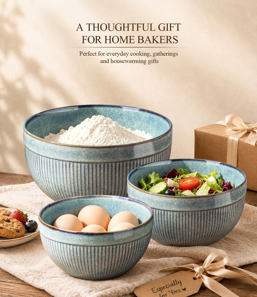 Ceramic Mixing Bowls Set of 3, Stoneware Nesting Serving Bowls, | 45/90/150 oz For Prep, Baking, Serving, Gift