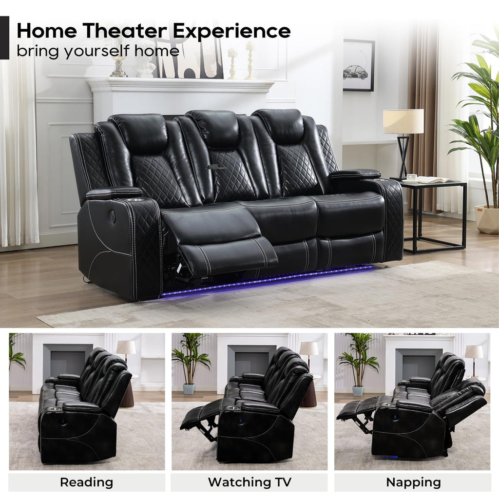 Power Reclining Sofa Couch with Wireless Charger, 3 Seaters with Recliner with Reading Light, Leather Electric 3 Seat