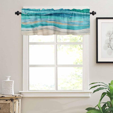 Coastal Beach Curtains - Teal Blue Kitchen Bathroom Window Treatment - Abstract Blue Wave Bedroom Living Room 42"x18"