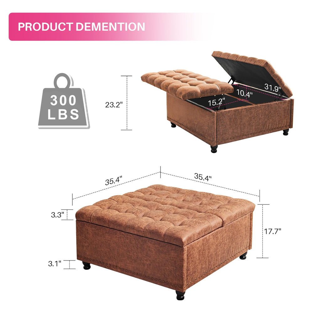 35 Inch Large Square Storage Ottoman, Coffee Table Ottoman, Faux