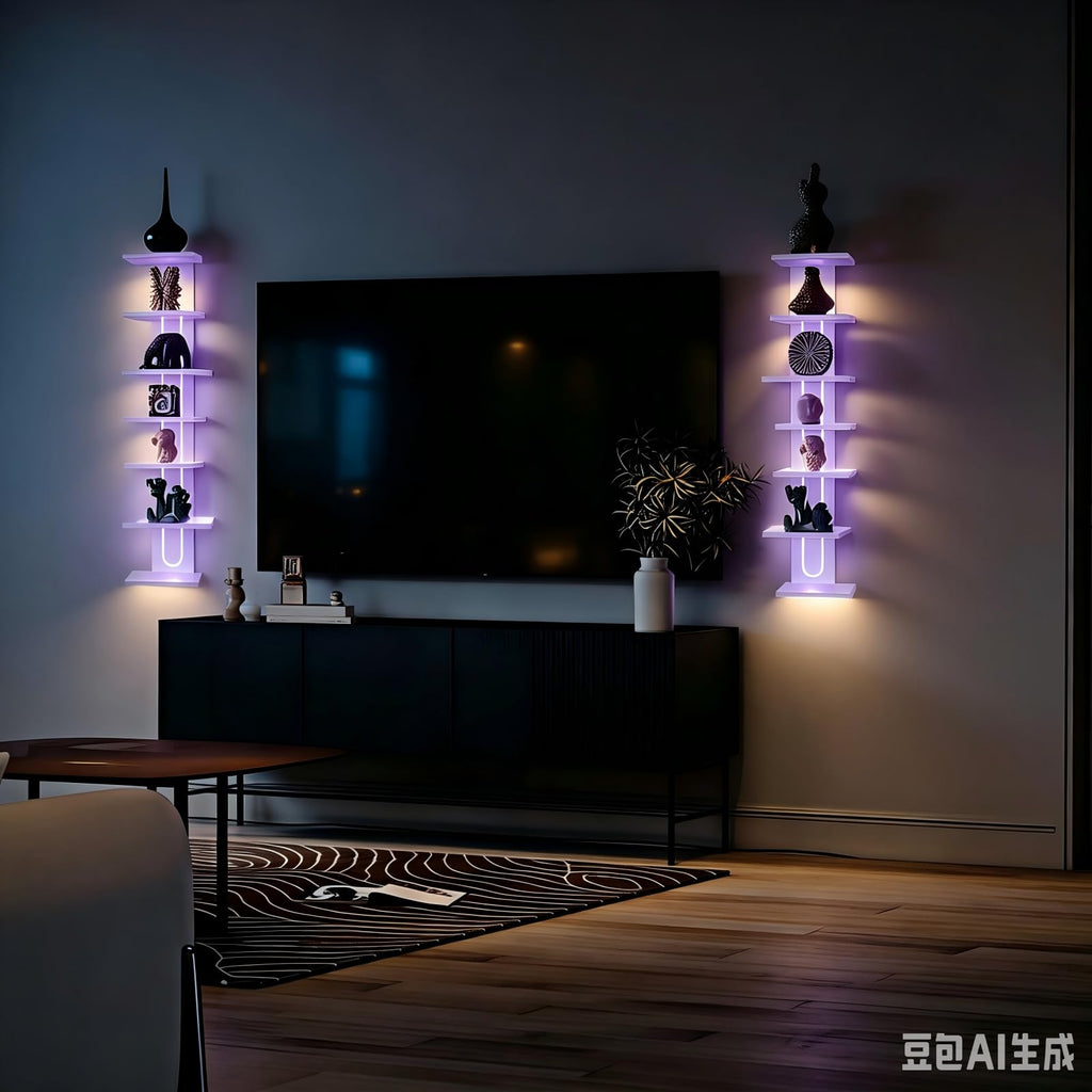 7-Tier Floating Wall Shelves with Led Lights, White