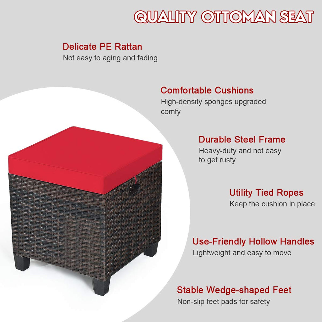 2PCS Patio Outdoor Ottomans, Rattan Wicker Ottoman Seat w/Removable Cushions, Rattan Footstool Footrest Seat Set